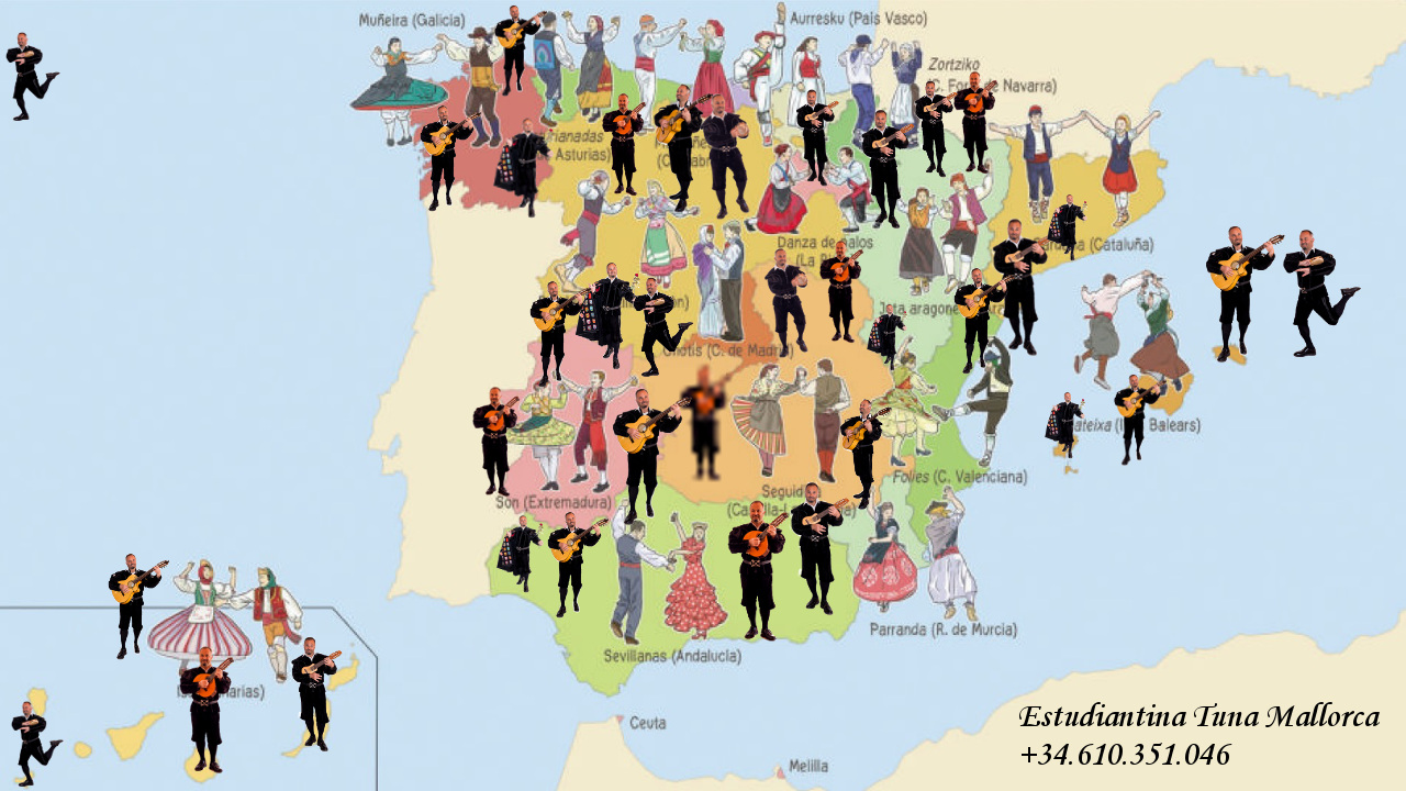 Imagen de Estudiantina Tuna Mallorca en el mapa de españa junto a las diferentes culturas musicales representantes del folclore de las diversas regiones